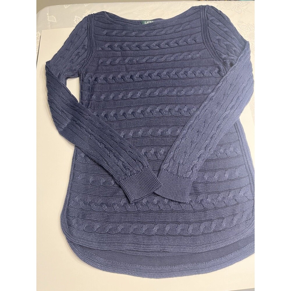 Lauren Ralph Lauren Navy Blue Cable Knit Curved Long Hemline Boat Neck Sz M